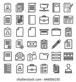Document icons set. set of 36 document outline icons such as passport, document, resume, binder, stamp, check list, paper, love letter, pen, browser, clipboard