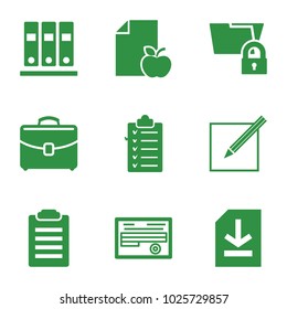 Document icons. set of 9 editable filled document icons such as check list, document, folder protection, case, file, paper and pen, binder, paper and apple