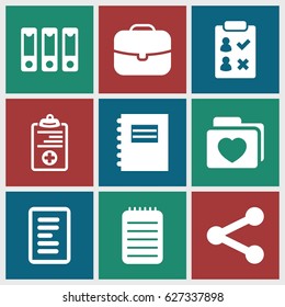Document icons set. set of 9 document filled icons such as folder with heart, notebook, medical clipboard, binder, document, notepad, case, check list