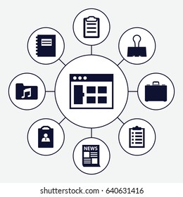 Document icons set. set of 9 document filled icons such as music folder, clipboard, case, paper clamp, resume, notepad, browser window, news