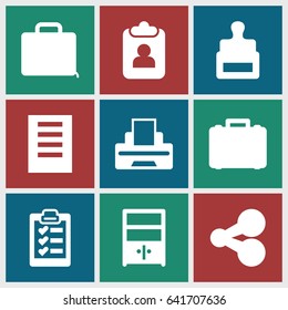 Document icons set. set of 9 document filled icons such as stamp, case, printer, cupboard, clipboard, document