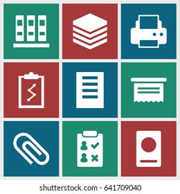 Document icons set. set of 9 document filled icons such as passport, printer, document, binder, check list, archive, clip