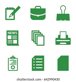 Document icons set. set of 9 document filled icons such as case, paper, notebook, medical clipboard, printer, paper clamp