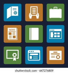 Document icons set. set of 9 document filled icons such as passport, holding document, news, browser, case, diploma