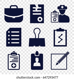 Document icons set. set of 9 document filled icons such as case, paper, medical clipboard, doctor prescription, clipboard, paper and pen, paper clamp