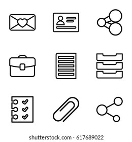 Document icons set. set of 9 document outline icons such as passport, love letter, share, document, clip, checklist, table box