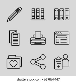 Document icons set. set of 9 document outline icons such as news, folder with heart, pen, browser, doctor prescription, binder, printer