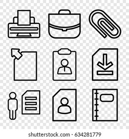 Document icons set. set of 9 document outline icons such as case, notebook, file, printer, resume