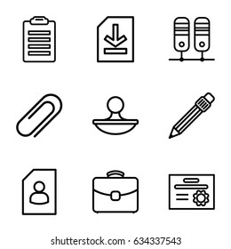 Document icons set. set of 9 document outline icons such as pen, case, clip, file, stamp, resume, diploma, check list