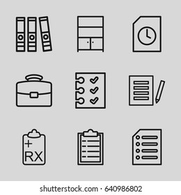 Document icons set. set of 9 document outline icons such as clipboard, checklist, cupboard, paper, document, case
