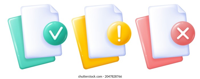 Document icons set with check mark, cross and exclamation sign, 3d minimalist style. Symbols for accepted, decline and attention. Bright, glossy design isolated on white. Vector illustration.