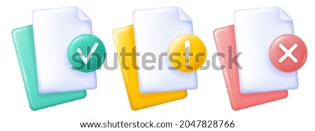 Document icons set with check mark, cross and exclamation sign, 3d minimalist style. Symbols for accepted, decline and attention. Bright, glossy design isolated on white. Vector illustration.