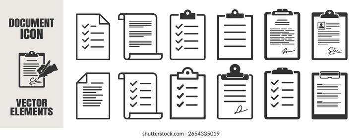 Document icons set. Checklist, certificate, clipboard, contract, paper sheet, resume, written page, scroll with text and signature. Flat vector style on transparent background.
