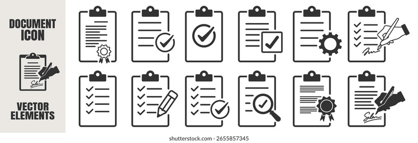Ícones de documento definidos. Lista de verificação, certificado, área de transferência, contrato, folha de papel, continuar, página escrita, rolar com texto e assinatura. Estilo de vetor plano em plano de fundo transparente.