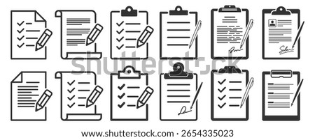 Document icons set. Checklist, certificate, clipboard, contract, paper sheet, resume, written page, scroll with text and signature. Flat vector style on transparent background.