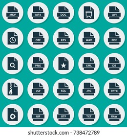 Document Icons Set. Collection Of Audio, Paper, Timer And Other Elements. Also Includes Symbols Such As Search, System,