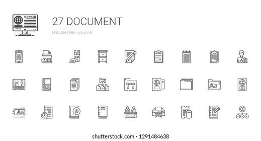 document icons set. Collection of document with boarding pass, shredder, news, notebook, audiobook, planning, text editor, folder, passport. Editable and scalable document icons.