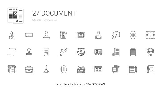 document icons set. Collection of document with files, browser, news, compress, holder, briefcase, checklist, planning, font, highlighter. Editable and scalable document icons.