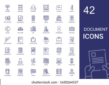 document icons set. Collection of document with holder, drawer, outbox, browser, folder, pencil, text editor, audiobook, news, post office. Editable and scalable document icons.