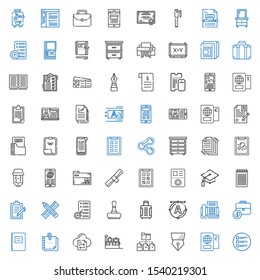 document icons set. Collection of document with list, passport, pen, file, suitcase, file transfer, sticky note, notebook, portfolio, fax. Editable and scalable document icons.