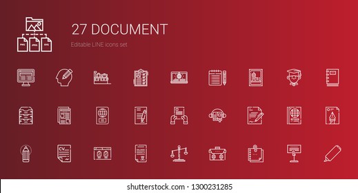 document icons set. Collection of document with sticky note, briefcase, law, wedding contract, browser, curriculum, pencil, contract, audiobook. Editable and scalable document icons.