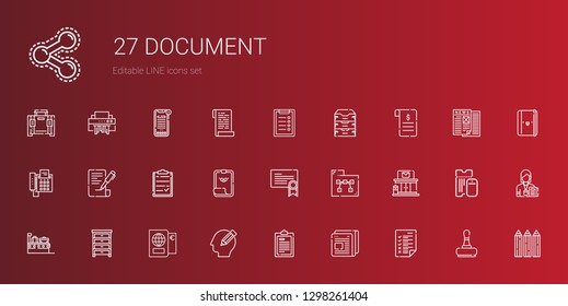 document icons set. Collection of document with tasks, newspaper, test, pencil, passport, drawer, suitcase, post office, folder, certificate. Editable and scalable document icons.