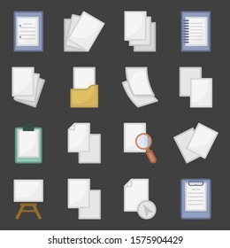 Document icons set. Colorful performance. The order of the paper. Documents in folders and tablets. Isolated vector on a gray background.