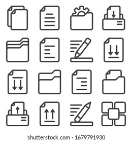 Document icons set. Create, print, sort, and edit. Linear execution. Isolated vector on a white background.