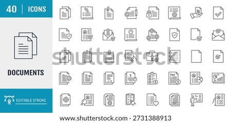 Document Icons set. Includes paper, document, archive, folder, legal document, clipboard, mail, and more. Vector illustration with editable strokes