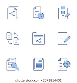 Document icons set. Line Duotone style, editable stroke. document, writing, contract, criminal record, transfer, share, investment, spreadsheet, folder.