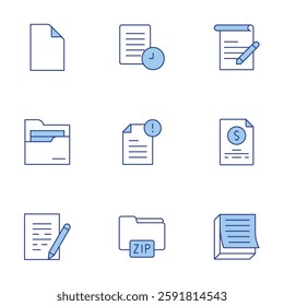 Document icons set. Line Duotone style, editable stroke. new document, file, archive, contact form, zip file, folder, post it, application, quote request.