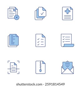 Document icons set. Line Duotone style, editable stroke. paperwork, list, scan, plagiarism, version, zip, medical report, open.
