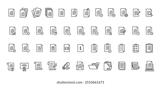 Document icons set. Notepaper, letter, textbook, clipboard, form etc.
