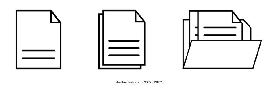 Conjunto de iconos del documento. Símbolo del archivo de esquema en negro. Archivo de papel en la carpeta. Pictograma transparente del portapapeles