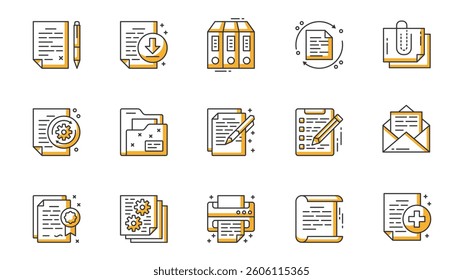 Document icons set in outline stroke design for web. Pack line pictograms with page, pen, downloading, folder, sync, clip, writing, checklist, email, certificate, printer, other. Vector illustration.