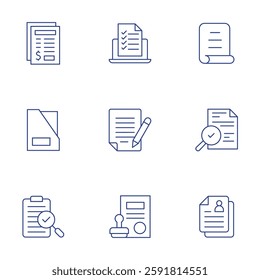 Document icons set. Thin Line style, editable stroke. check list, contract, document, note, audit, personal data, invoice, folder, transparency.