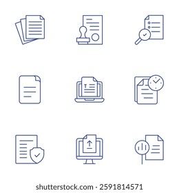 Document icons set. Thin Line style, editable stroke. paper, stamp, file, text, legal document, upload, analysis, time, report.