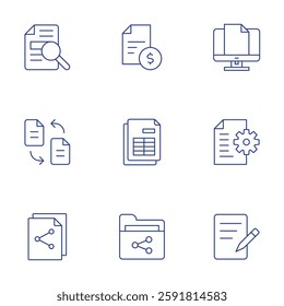 Document icons set. Thin Line style, editable stroke. computer, document, writing, criminal record, transfer, share, investment, spreadsheet, folder.