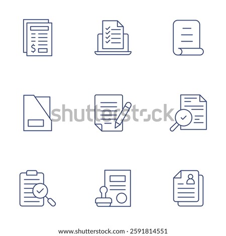 Document icons set. Thin Line style, editable stroke. check list, contract, document, note, audit, personal data, invoice, folder, transparency.