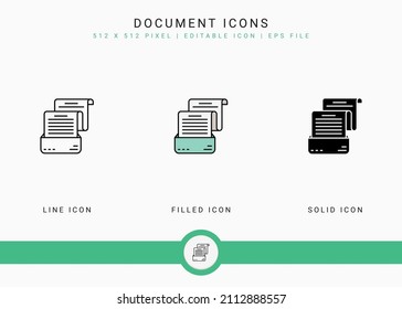 Document icons set vector illustration with solid icon line style. Journalist text publication concept. Editable stroke icon on isolated background for web design, user interface, and mobile app