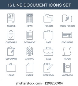 document icons. Trendy 16 document icons. Contain icons such as resume, news, folder, music folder, clipboard, case, archive, paper, notebook. document icon for web and mobile.