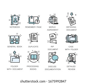 Document icons. Vector icon set of legal documents in thin line style. Contains icons as contract, certificate, attachment, invoice, deed of sale and more. 