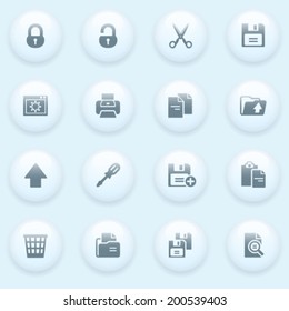 Document icons with white buttons on blue background.
