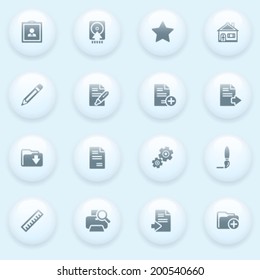 Document icons with white buttons on blue background.