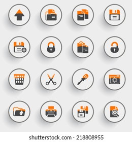 Document icons with white buttons on gray background.