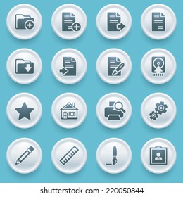 Document icons with white buttons on blue background.