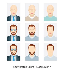 Document identification photo of man.
Male avatar profile picture icon set.
Man head illustration with different hair styles, glasses and beard.