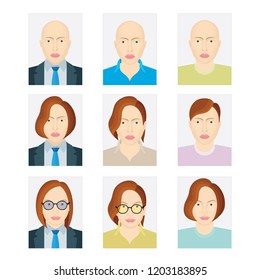 Document identification photo of woman.
Female avatar profile picture icon set.
Woman head illustration with different hair styles and glasses.