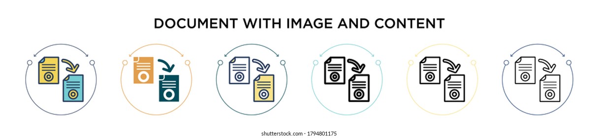 Document with image and content icon in filled, thin line, outline and stroke style. Vector illustration of two colored and black document with image and content vector icons designs can be used for 