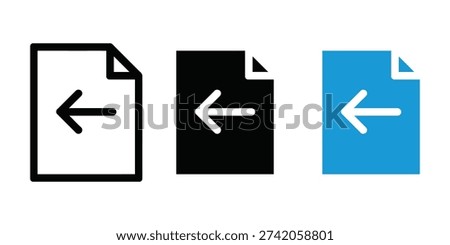 Document import and file upload icon vector. Data transfer symbol for storage management, back arrow direction, and digital organization. Vector Illustration.